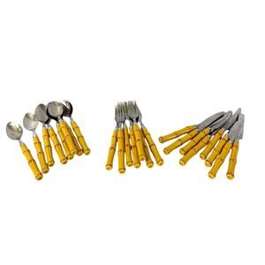 Plastic Bamboo Stainless Flatware Set 24pc Service for 8 Tropical Unique Forks